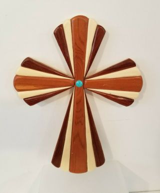 Cross Hand - Crafted Multi - Colored Wood Crusader Cross With Turquoise 12 X 9 Vgc