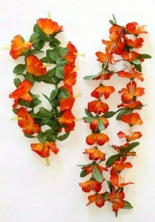 Vintage Hawaiian Lei And Halo Crown Set Orange Hula Flowers Floral Luau Wedding