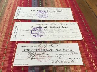 Okemah Oklahoma National Bank Checks.  One Indian Territory