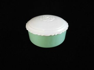 Vintage Glass Jadite Fired - On Dresser Jar Powder Box W/ White Lid W/ Flower