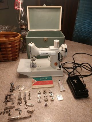 Singer White 221k Featherweight Sewing Machine - Case - Attachments 1964