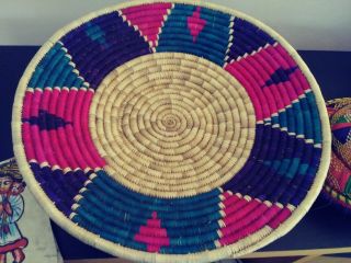 13,  5 " Ethiopian Pedestal Basket,  Pink,  Teal,  Purple,  Tan,  Heirloom Quality