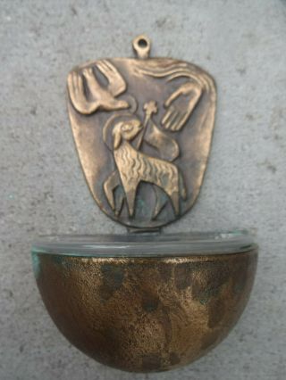 Rare Vintage German Bronze Holy Water Font Lamb Of God By Sculptor Egino Weinert