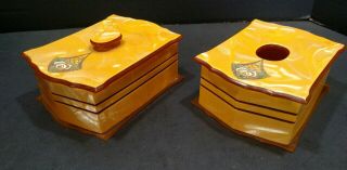 Vintage Vanity Dresser Powder Box Hair Receiver Set Plastic Yellow Set Of 2 T77