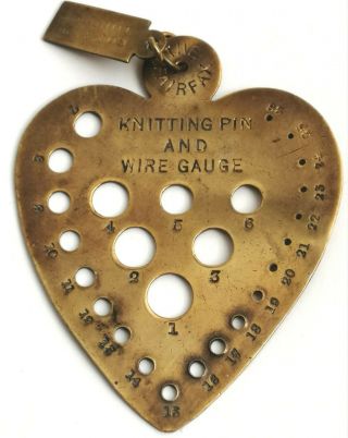 Antique Victorian Brass Heart Shaped Knitting Needle Sizer Wire Gauge Fairfax Nr
