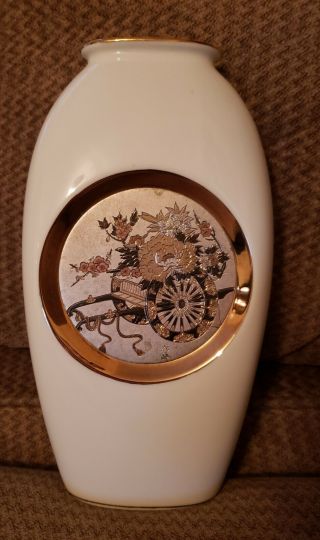 The Art Of Chokin 10.  5 " ×5 " 24kt White Vase Japanese Hand Burined