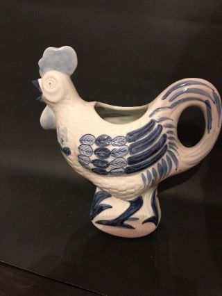 French Country Rooster Pitcher Blue & White Decorative Unique Chicken Vast