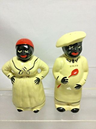 Large Salty And Peppy Salt & Pepper Shakers By Pearl China Black Americana (cl)