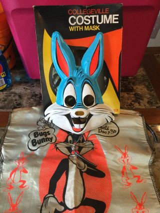 Vintage Halloween Costume Bugs Bunny Collegeville Plastic Mask Outfit & Box