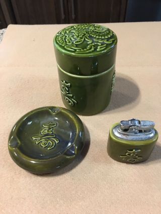 3 Pc Set Vintage Green Ceramic Dragon Tobacco Jar,  Ashtray And Table Lighter