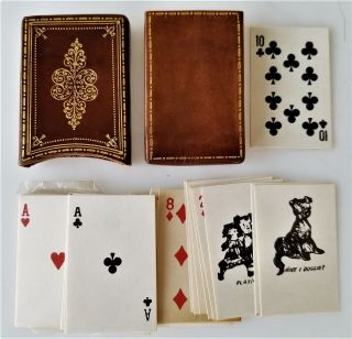 Vintage Mini Playing Cards In Leather Case Embossed Ornate Gold