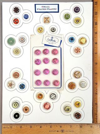 Card Of 42 Coated Celluloid Vintage Plastic Buttons,  Paste Omes,  Lamode Display