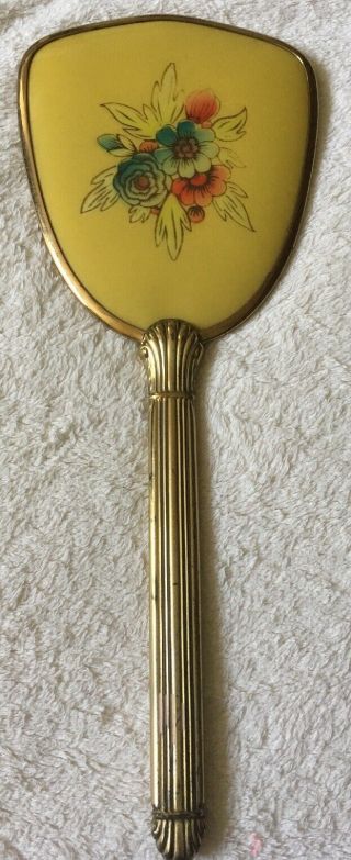 Vintage Gold Tone Hand Held Mirror W/yellow Flowers Design Blue Red