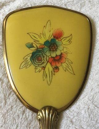 Vintage Gold Tone Hand Held Mirror w/Yellow Flowers Design Blue Red 2