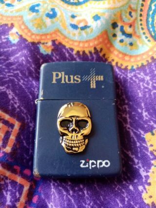 Blue Zippo Plus Skull Old Zippo Lighter Fully,  Sparkling Fine,  Good Hinge