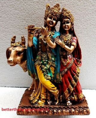 Hand Carved Resin Krishna Radha With Cow Bronze Color 7.  5 " Statue