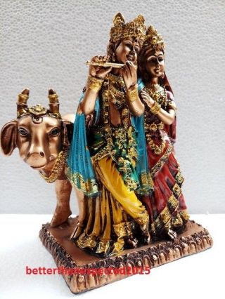 Hand Carved Resin Krishna Radha With Cow Bronze Color 7.  5 
