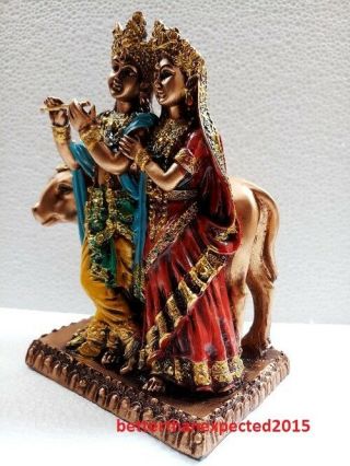 Hand Carved Resin Krishna Radha With Cow Bronze Color 7.  5 