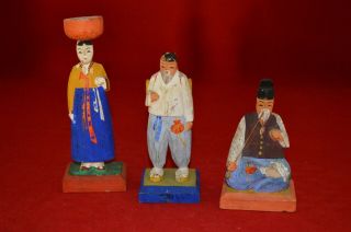 Wood Carved Korean Dolls Folk Art - Set Of 3
