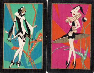 2 Playing Swap Cards Art Deco Lady Ladies Clown Pierrot Colourful 1 Spade Ace