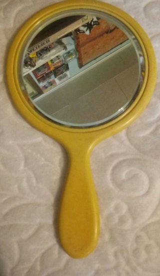 Vintage Hand Held Yellow Celluloid Vanity Mirror Beveled 10 " X 6 "