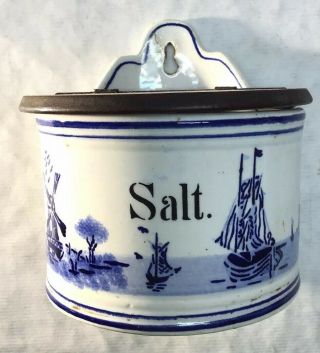 Primitive/vintage Salt Box / Container.  Blue And White Onion,  Wood Top.  Germany