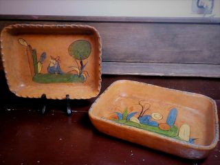 Antique Redware Mexican Hand Painted Terracotta Nesting Platters Trays