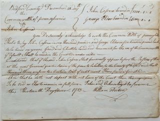 1783 Bedford County Pennsylvania Debt Acknowledgement John Cesna - George Elder