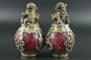 China Old Miao Silver Carve Kylin Dragon Phoenix Inlay Red Jade Rare Pair Statue