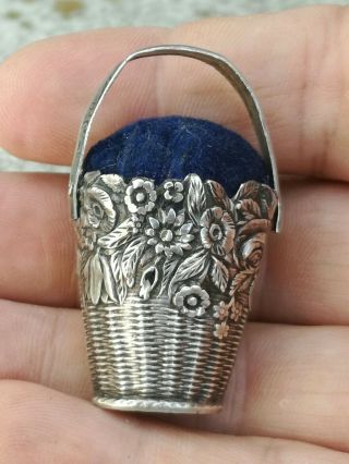 Antique Victorian French Silver Basket Flowers Pin Cushion Sewing Tool Chatelain
