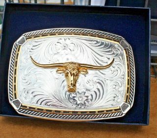 Nib Montana Silversmiths Belt Buckle Silver Gold Longhorn Steer Only 1 Buy Now