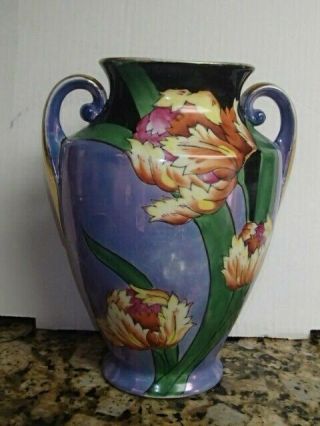 9 " Vtg Blue Lusterware Vase Art Deco Bright Pink Orange Yellow Flowers Japan