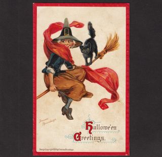 Halloween Frances Brundage Artist Signed Witch Broom Black Cat Vintage Postcard