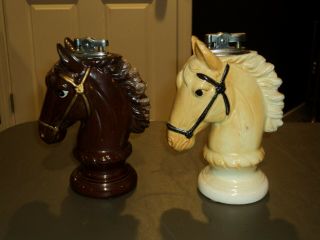 2 Ceramic Horse Head Cigarette Lighter Japan A Nanco White & Brown Chess Piece