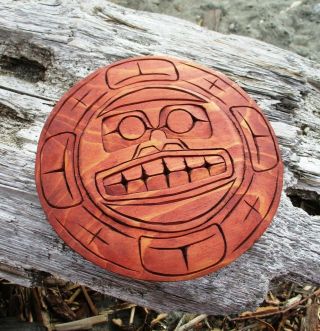 Northwest Coast First Nations Native Cedar Art Carving,  Moon,  Signed,  Indigenous