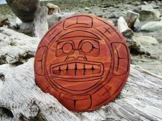 Northwest Coast First Nations native cedar Art carving,  MOON,  signed,  Indigenous 2
