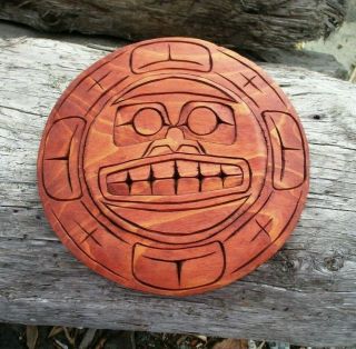 Northwest Coast First Nations native cedar Art carving,  MOON,  signed,  Indigenous 3