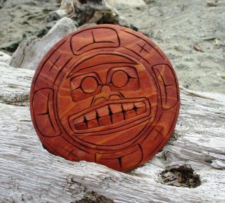 Northwest Coast First Nations native cedar Art carving,  MOON,  signed,  Indigenous 4