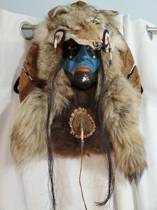 Native American Spirit Mask Indian Wall Decor With Fox Pelt And Buffalo Hide