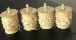 Antique Set Of 4 Chinese Carved Bone Workbox Spools Reel Thread Holders