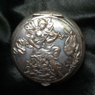 RARE LOVELY ANTIQUE FRENCH ART NOUVEAU SILVER PLATED PILL BOX FAIRY VIOLIN LADY 3