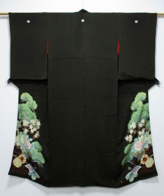 Japanese Kimono Silk Antique Tomesode / Embroidery Flower / Silk Fabric /55