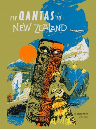 Fly Qantas To Zealand Australian Vintage Travel Advertisement Poster