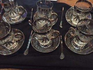 Vintage High End Turkish Tea Set With Silver Trim -