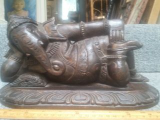 Vintage 12 " Long 4 Pds Hand Carved Wooden Reclining Ganesh Elephant Statue