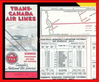 Trans - Canada Airlines 1940 Airline Timetable Schedule.  Lockheed Electra