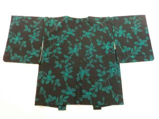 Japanese Vintage Kimono,  Haori,  Silk,  Black&green,  Leaf,  P050809