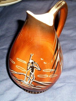 Rare Australian Pottery Arunta Signed Aboriginal Scene Jug Ht 6 Inch Or 15 Cm