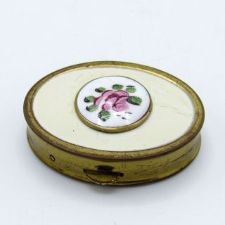 Vintage Oval Shaped Metal Pill Box With Enamel Rose Flower On Hinged Lid
