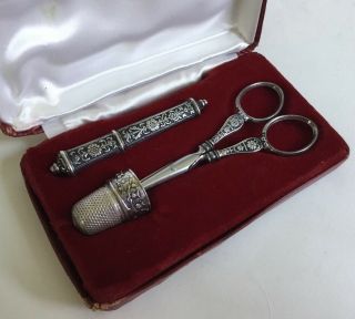 Antique Ornate French Sterling Sewing Kit - Etui,  Scissor,  Thimble